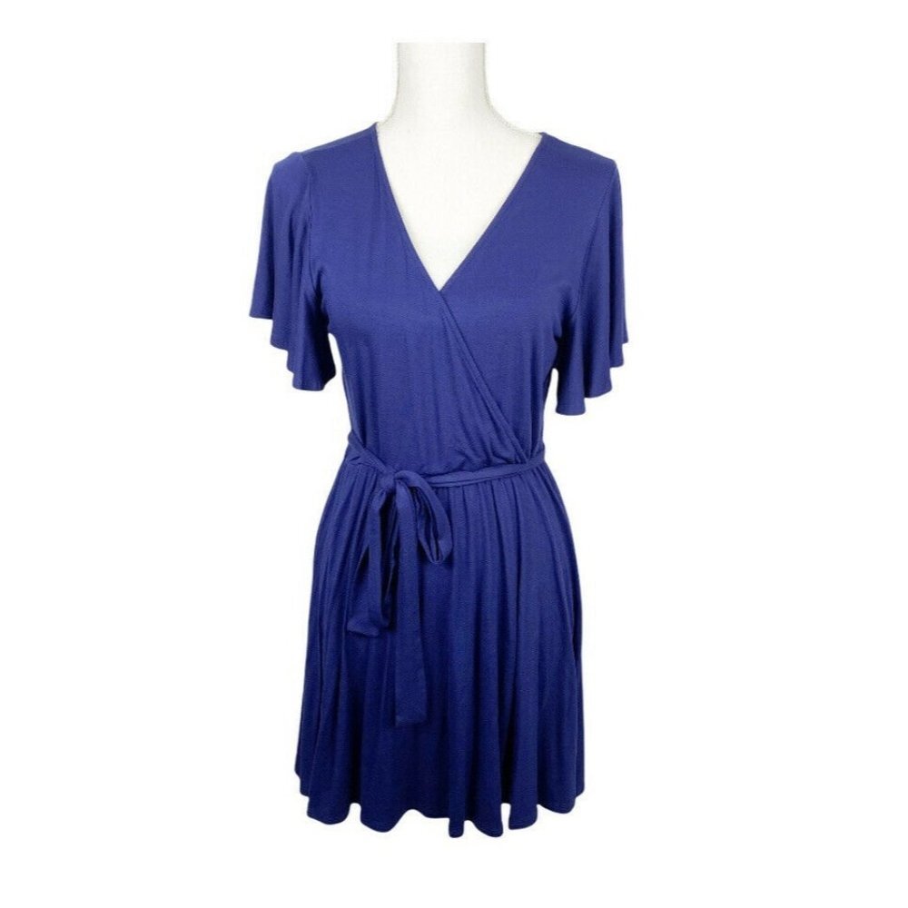 Lulus Faux Wrap Surplice Flutter Sleeve Dress Navy Blue Tie Waist Size Medium